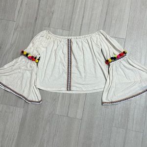 Pit USA white off the shoulder top with poms poms